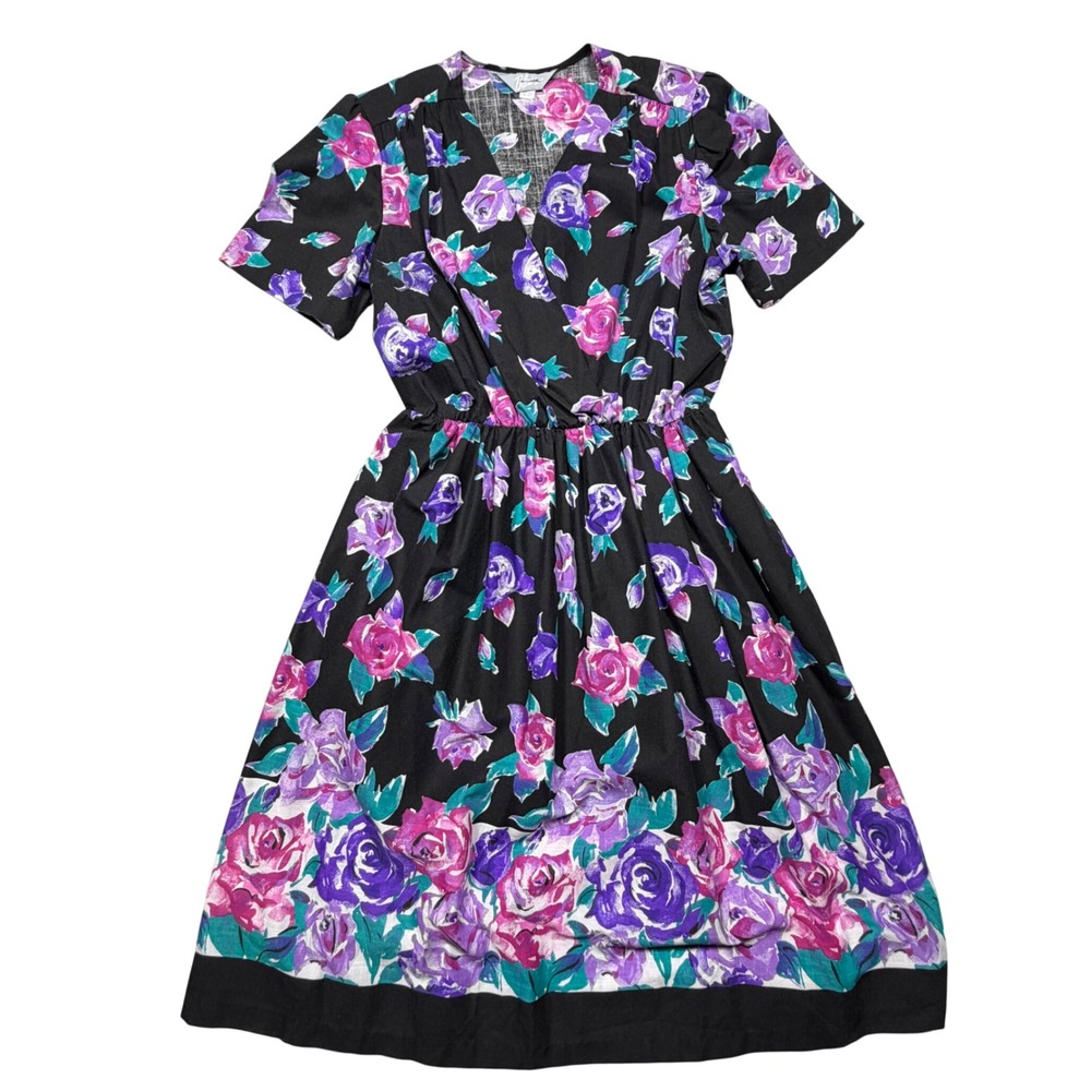 Vintage 80s Black Garden Floral Cotton Midi Dress Short Sleeve Surplice Medium